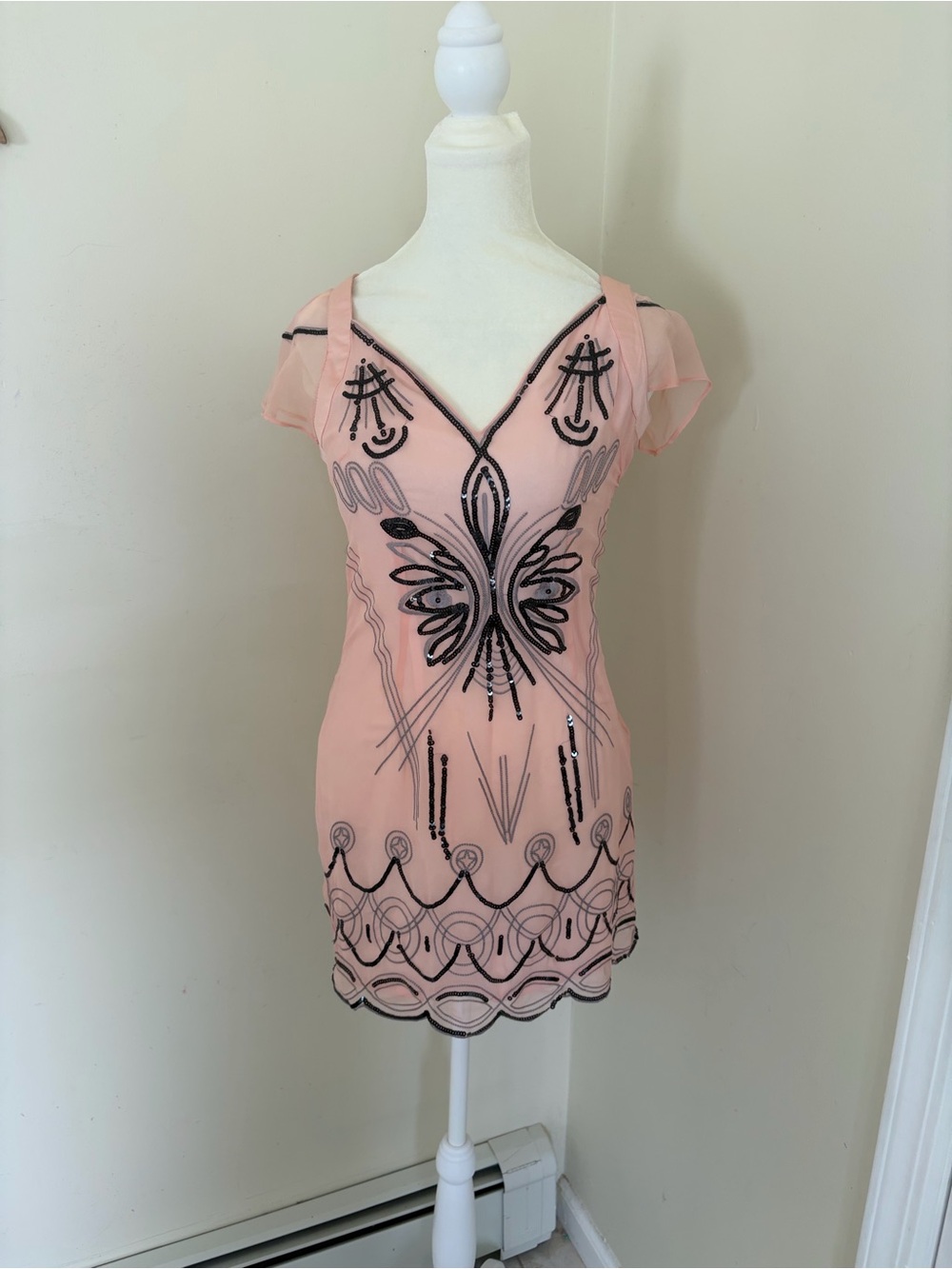 Vintage Y2K beaded embroidered floral pink mini dress